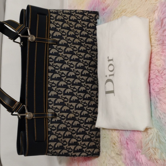 FIRM PRICE! Auth Dior Denim Navy Blue Oblique/Leather Vint Buckle Tote/Dust Bag - Picture 6 of 16